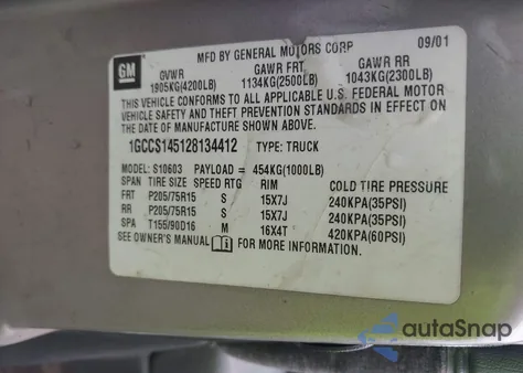 2002 Chevrolet S-10 Ls z USA, uszkodzony, nr VIN 1GCCS145128134412